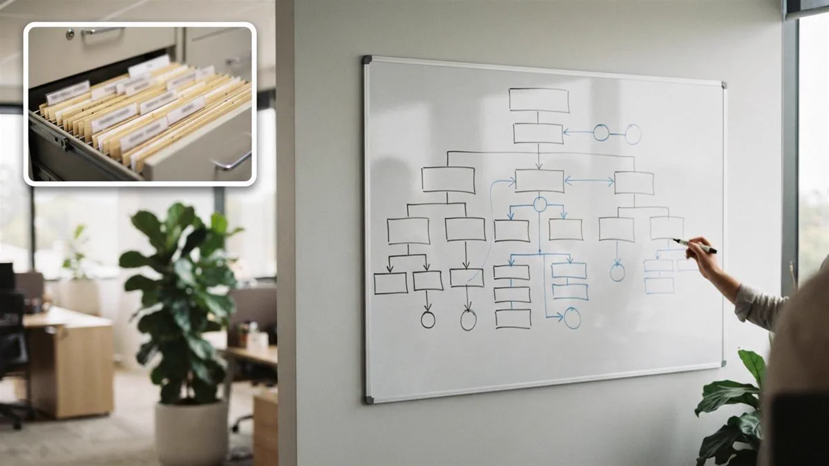 A corporate structure diagram drawn on a whiteboard in an office